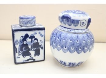 Pair Of Asian Hand Painted Lidded Jars