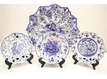 Set Of Four Hand Painted Pierced Plates Made In Portugal
