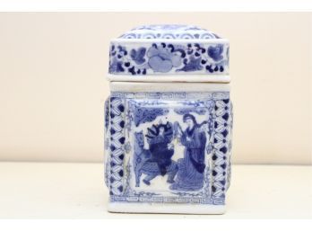 Blue And White Asian Hand Painted Lidded Jar
