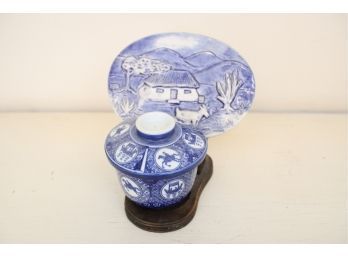 Blue & White Hand Painted Lidded Cup & Display Plate