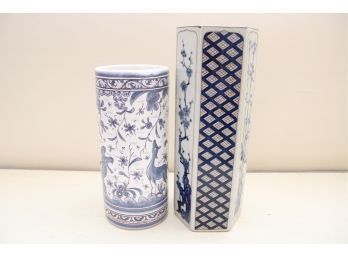 Two Blue And White Hand Painted Vases
