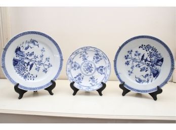Set Of Three Blue And White Asian Dishes