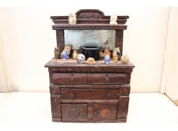 Vintage Salesman Sample Dresser With Mirror & Owl Figurine Assortment