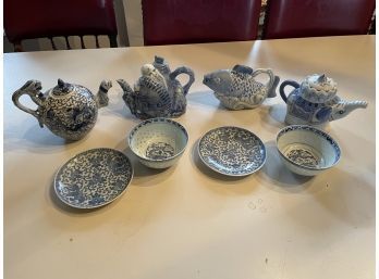 Asian Blue & White Tea Pots With Saucers