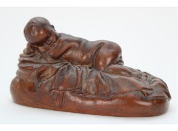 Carved Wooden Sleeping Baby Sculpture