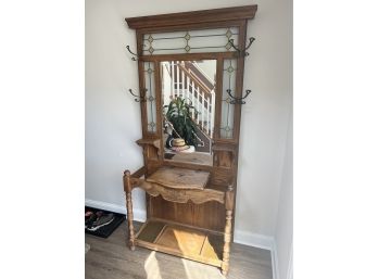 Vintage Oak White Stained Glass Hall Tree