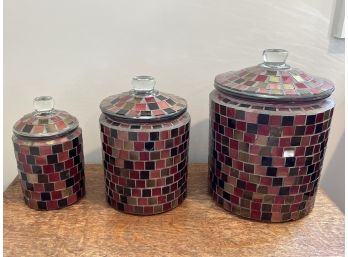 Set Of Three Mosaic Glass Lidded Jars