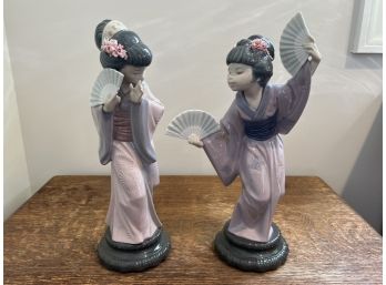 Pair Of Geisha Lladro Figurines Holding Fans