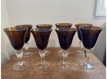 Set Of 8 Amber Bubble Glass Goblet Wine Glasses