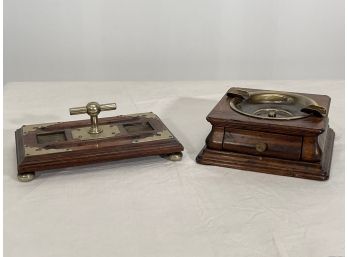 Wood & Brass Ash Tray & Ink Well Stand (Missing Glass)