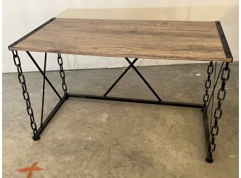 Wooden Desk With Metal 'X' Frame, Rustic Oak Brown By Benzara