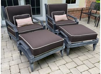 Two Outdoor Arm Chairs With Footrests & Brown Cushions