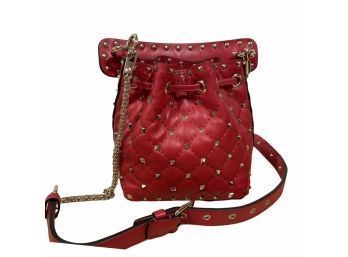 Valentino Small Red Studded Drawstring Bag