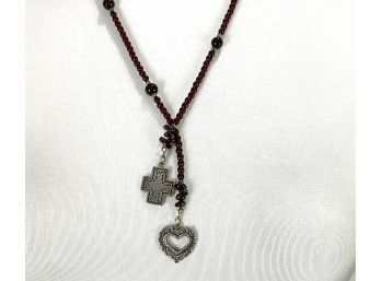Heart & Cross Burgundy Beaded Necklace