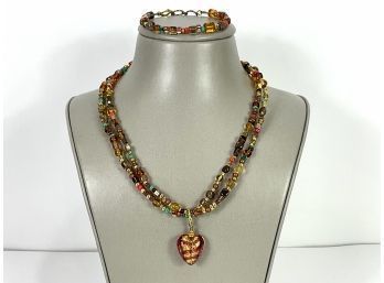 Colorful Beaded Double-Strand Necklace With Heart & Bracelet