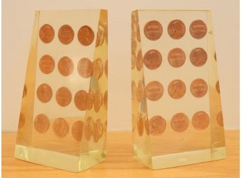 Mid Century Lucite Penny Bookends