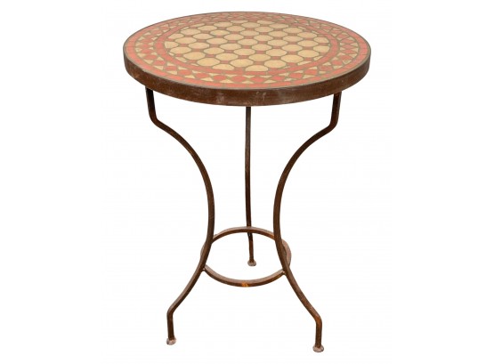 Mosaic Stone Top Round Side Table On Metal Base