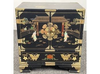 Oriental Hand Painted Low Storage Cabinet  With Brass Accents