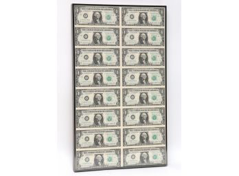 Uncut Sheet Of Dollar Bills Framed