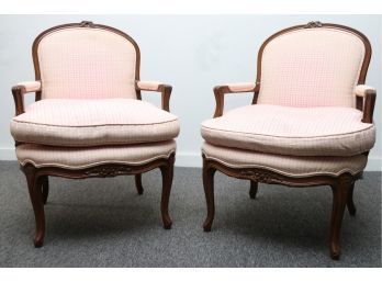 Pair Of Pink & White Checkered French Provincial Arm Chairs