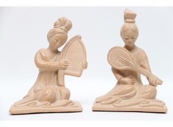 Pair Of Clay Geisha Musician Statues