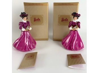 Pair Of Hallmark Holiday Traditions Barbie Limited Edition Porcelain Figurines