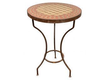 Mosaic Stone Top Round Side Table On Metal Base