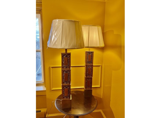 Monumental Table Lamps, New Shades, Great Brass Elements And Hand Carved Wood