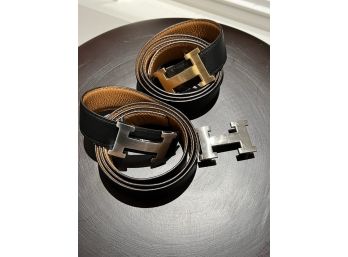 3 Hermes 'H' Buckles, Brass, Silver & Matte With Two Black Belts