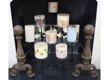 Pair Of Fire Place Andirons With Candelabra And Scented Candles