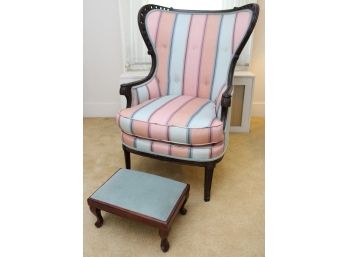 Custom Upholstered Mahogany Wingback Arm Chair With Stool
