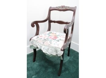 Vintage Hand Carved Arm Chair With Floral Seat Cushion