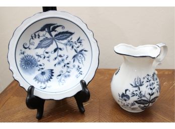 Blue Onion Hand Painted Asian Bowl And Pitcher