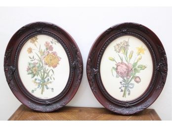 Pair Of Round Antique Floral Prints In Wooden Frame