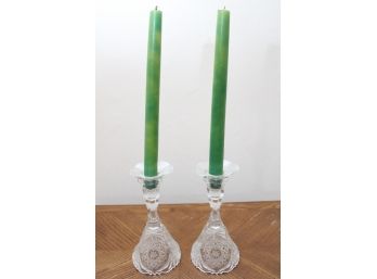 Pair Of Glass Candle Sticks With Green Candles