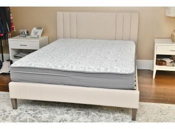 Queen Platform Bed With Gray Linen Headboard And Rails
