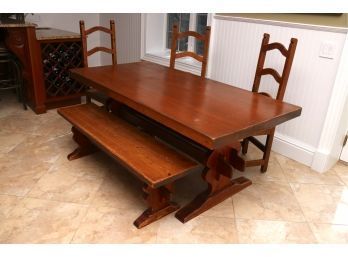 Oak Trestle Dining Table With Bench & Three Chairs