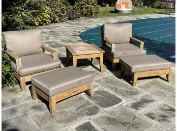 Pair Of Restoration Hardware Outdoor Chairs With Foot Rests And Side Table