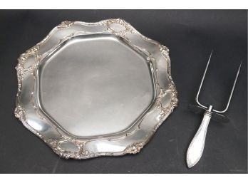 Sterling Silver Tray With Sterling Handle Meat Fork-1076 Grams
