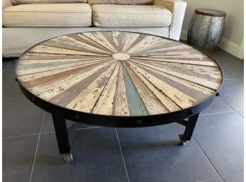 Industrial Rolling Coffee Table With Custom Painted Reclaimed Pine Top