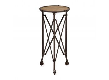 Industrial Style Round Wood & Metal Side Table On Wheels