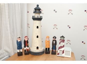 Collection Of Carved Fishermen With Lighthouse Statue & Picture Frame