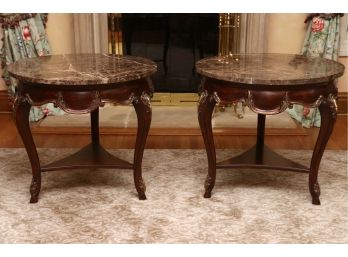 Pair Of French Round Marble Top End Tables With Under Shelf
