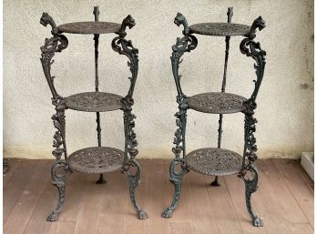 Pair Of Clawfoot Three Tier Cast Iron Plant Stands