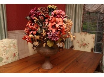 Large Faux Flower Arrangement In Aluminum Footed Vase
