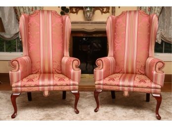 Pair Of Stunning Silk Taffeta Wingback Chairs With Nailhead Trim