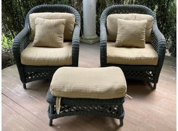 Pair Of Weathered Wicker Armchairs With Footrest