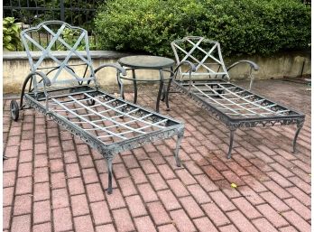 Cast Aluminum Chaise Loungers With Side Table