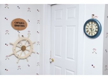 Nautical Wall Hanging Trio Including Decorative Ship Wheel & Clock