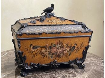 Hand Painted Storage Box With Bird Motif & Finial
